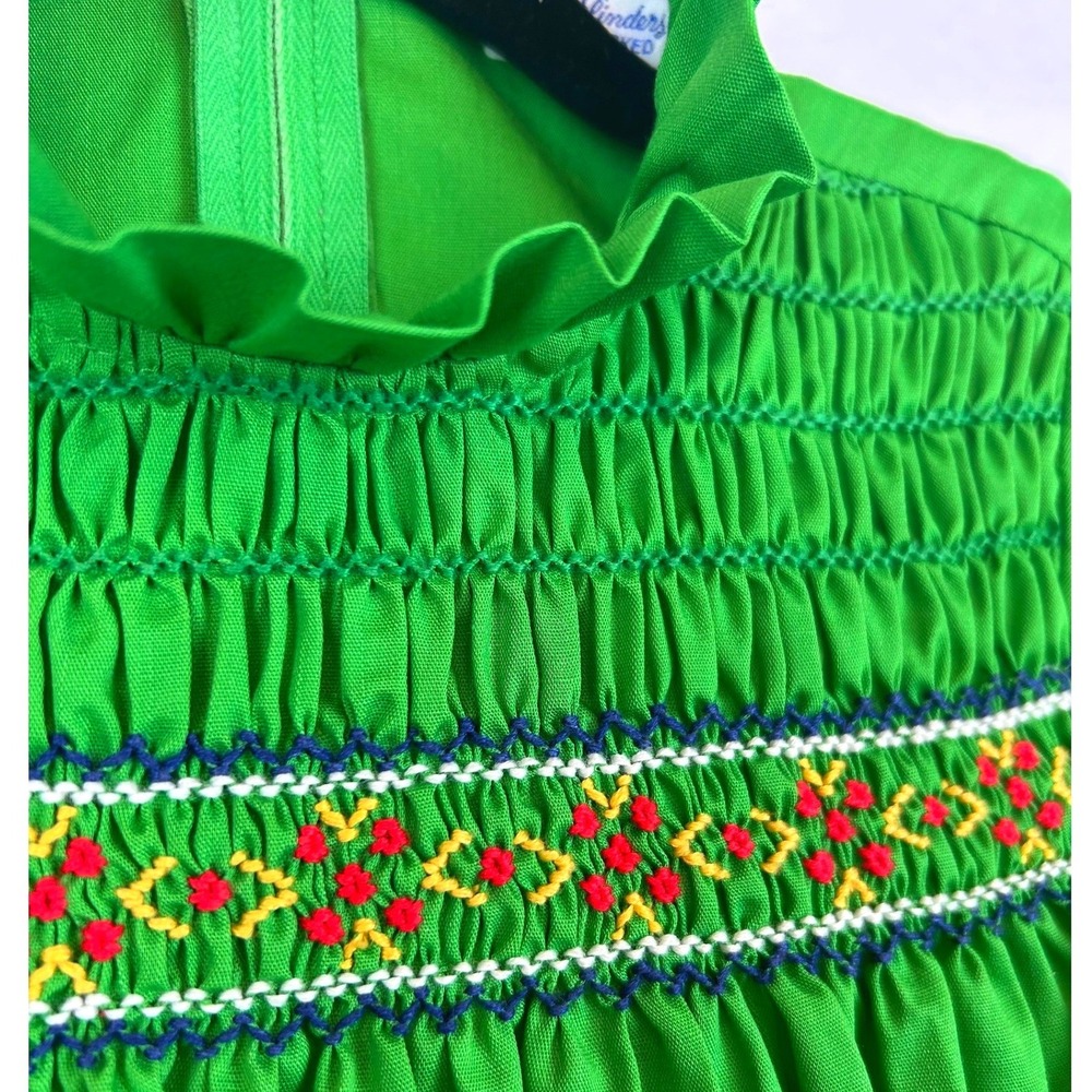 Vintage Polly Flinders Girls Green Hand Smocked Dress Ric Rac Embroidered Size 7 - Picture 4 of 7